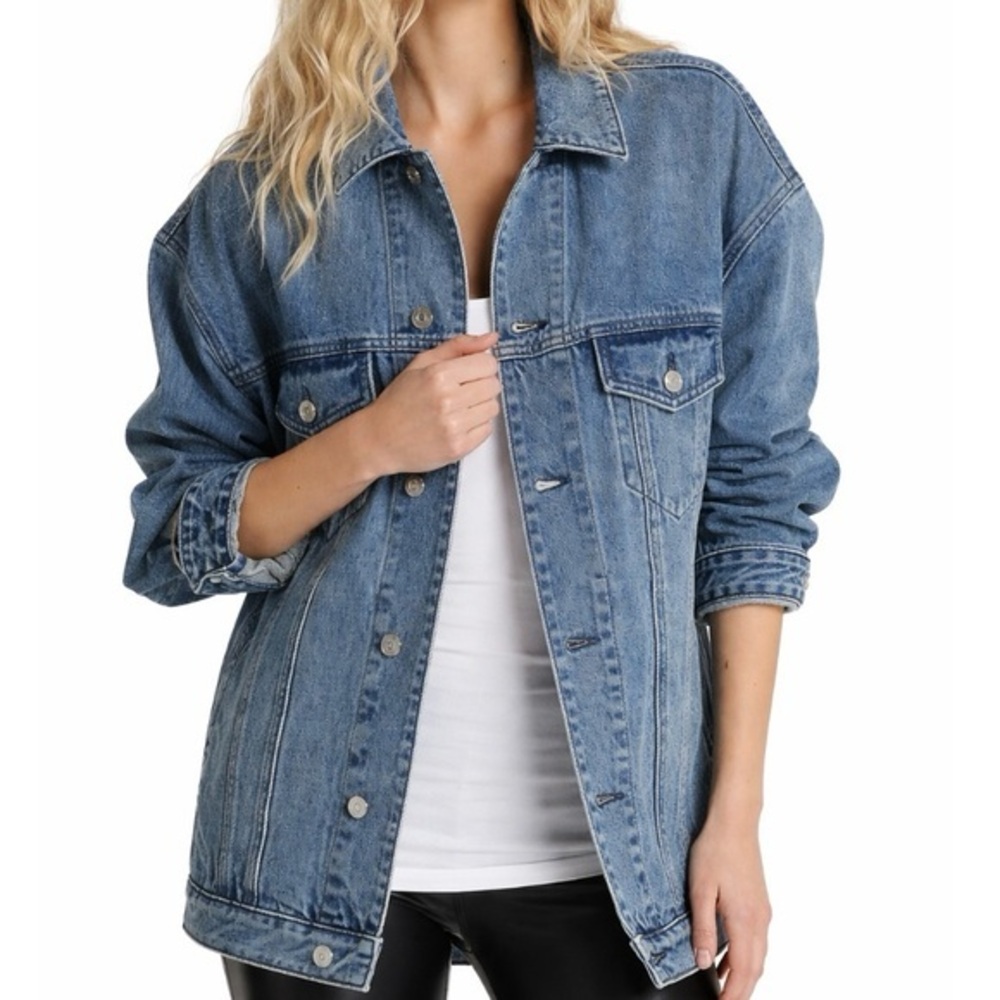 Style & Co Oversized Boyfriend Medium Wash Stretch Denim Jean Jacket L